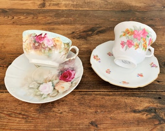 Coppia di tazze e piattini da tè in porcellana fine, vintage, shabby chic, spaiati. Porcellana fine inglese, francese, bavarese, cecoslovacca.