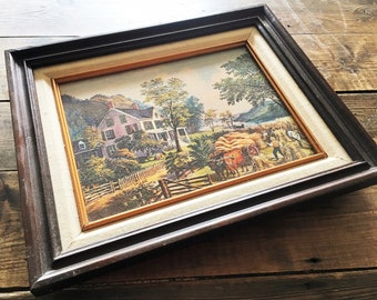 Beautiful Vintage Framed Print on Canvas Featuring an Oxen Drawn Hay Wagon in a Country Home Landscape Backdrop/Framed Vintage Canvas Print
