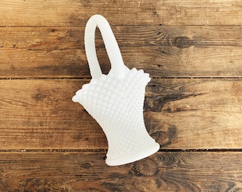 Vintage Westmoreland White Milk Glass Basket English Hobnail Pattern Oval Basket  with Handle Quilted Diamond Glass Basket