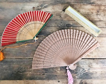 Pair of Vintage Asian Hand Fans Decorative Asian Décor Hand Fan Set of Hand Fans Wooden Hand Fan Bamboo Hand Fan