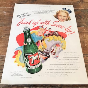Vintage 1946 7-UP Magazine Advertisement/Frameable 7-UP Magazine Ad/Collectible Soda Pop Advertisement/Vintage Kitchen Frameable Decor