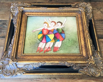 Vintage Framed Ballerina Art Work/Decorative and Collectible Animated Art Work Print on Canvas/Black and Gold Accented Frame