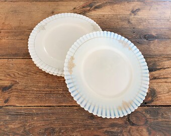 Set of 4 Antique Macbeth-Evans Regency Ivrene Petalware Milk Glass Plates Ivory translucent Cremax Depression Glass With Gold Detailing