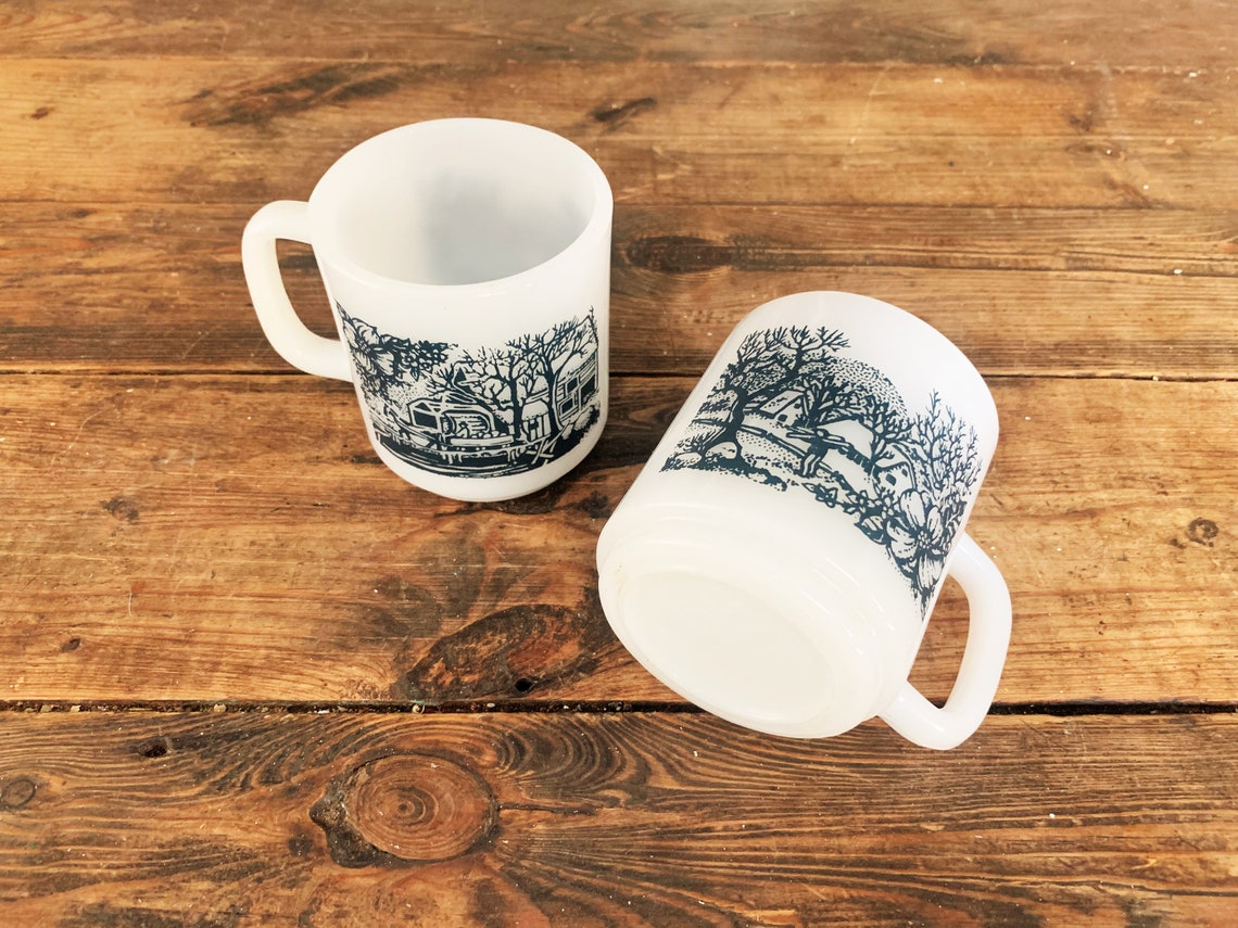 Vintage Pair of Glasbake Mugs Featuring a Currier and Ives Etsy