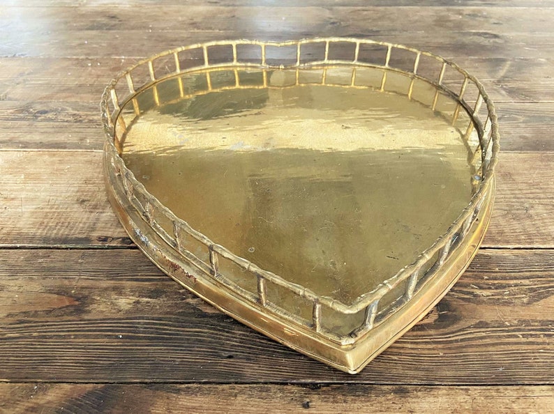 Very Large Vintage Rustic Brass Heart TrayBrass Heart TrayBamboo Framed Brass Heart TrayValentines D\u00e9cor