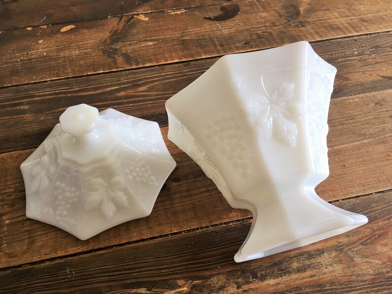 Vintage Milk Glass Grape Leaf Patterned Covered CompoteCandy DishShabby Chic Wedding DecorVintage Collectible Milk Glass Covered Dish