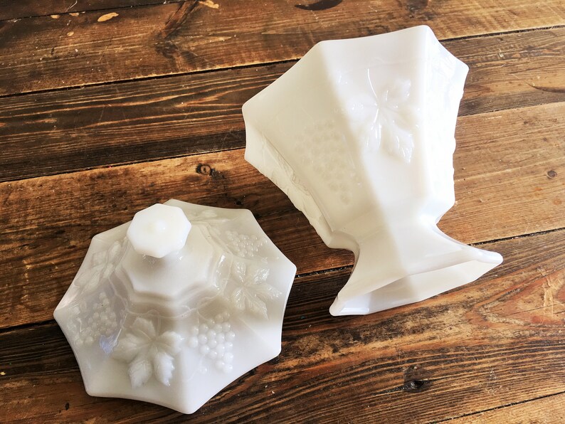 Vintage Milk Glass Grape Leaf Patterned Covered CompoteCandy DishShabby Chic Wedding DecorVintage Collectible Milk Glass Covered Dish