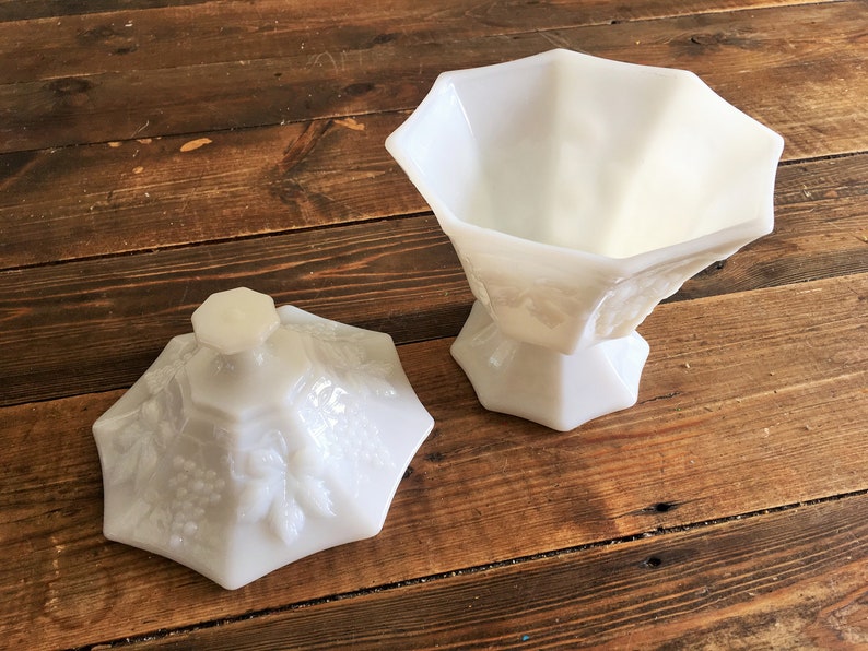 Vintage Milk Glass Grape Leaf Patterned Covered CompoteCandy DishShabby Chic Wedding DecorVintage Collectible Milk Glass Covered Dish