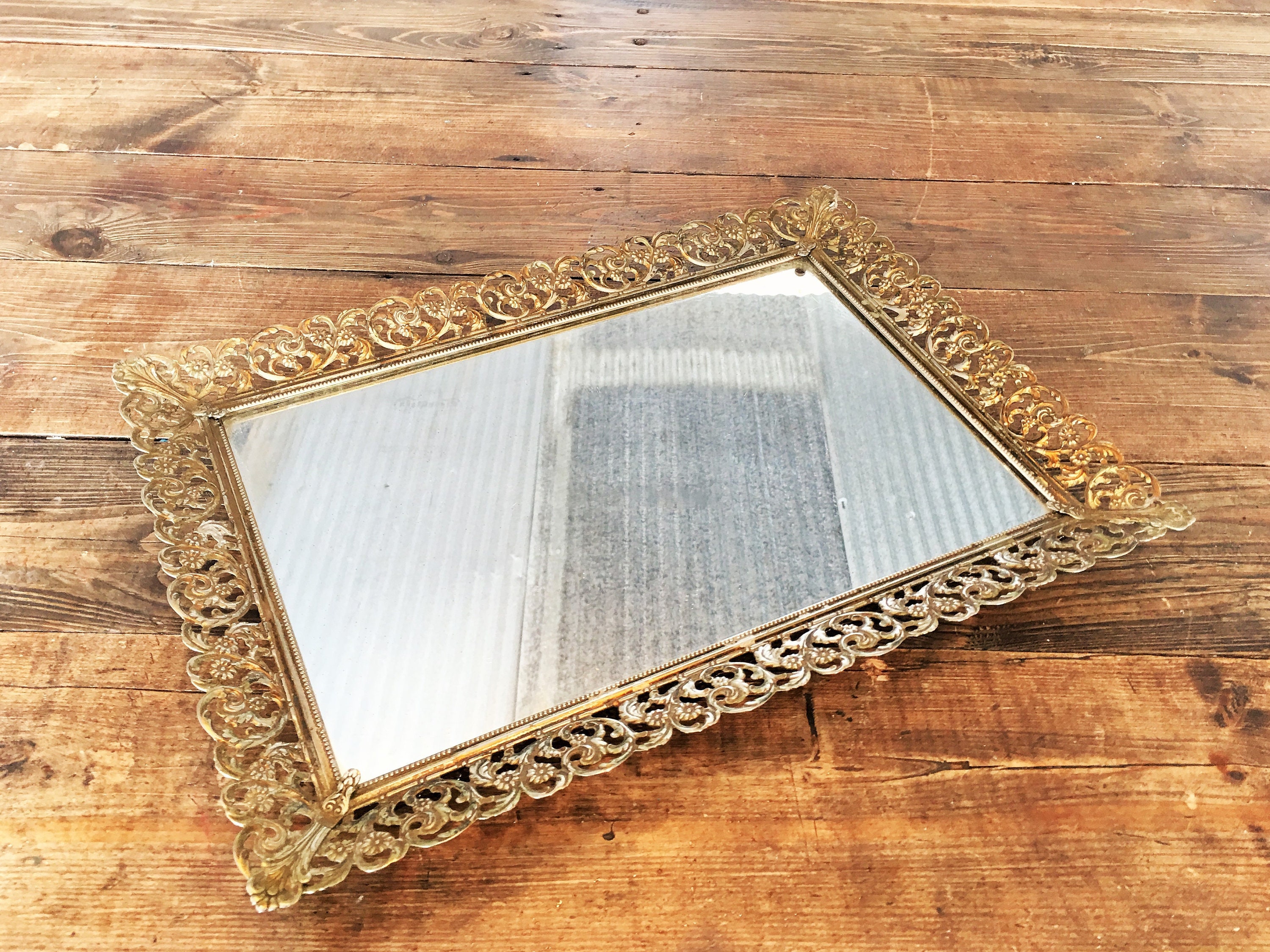 Vintage Brass Mirror Rectangular Shaped Vanity Tray/Decorative Brass Vanity Tray/Filigree Mirrored Vanity Tray/Easel Backed Vanity Tray