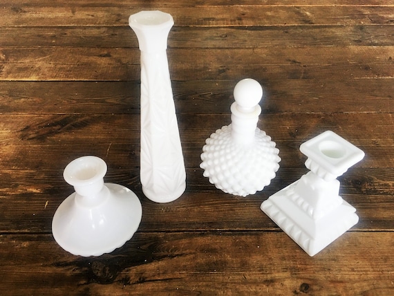 Vintage Milk Glass Collection/Milk Glass Candle Holders Milk Glass Vase Milk Glass Hobnail Perfume Bottle