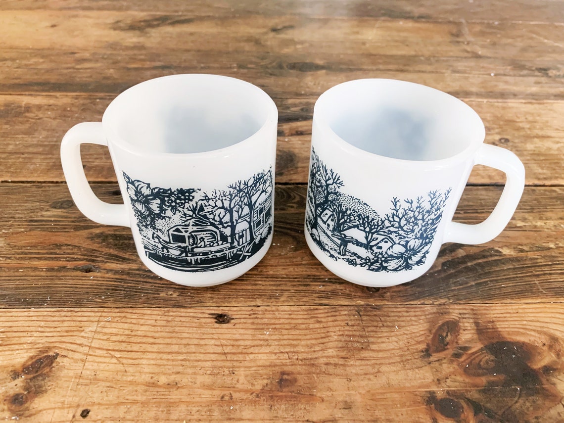 Vintage Pair of Glasbake Mugs Featuring a Currier and Ives Etsy