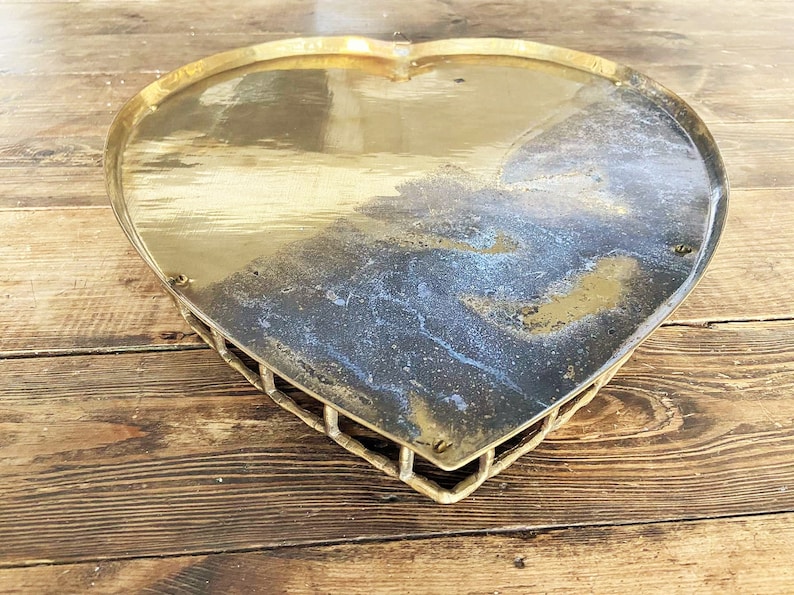 Very Large Vintage Rustic Brass Heart TrayBrass Heart TrayBamboo Framed Brass Heart TrayValentines D\u00e9cor