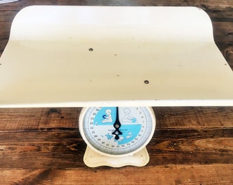 Vintage Soft Yellow Metal and Glass Faced Baby Scale/Nursery Decor