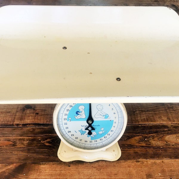 Vintage Soft Yellow Metal and Glass Faced Baby Scale/Nursery Decor