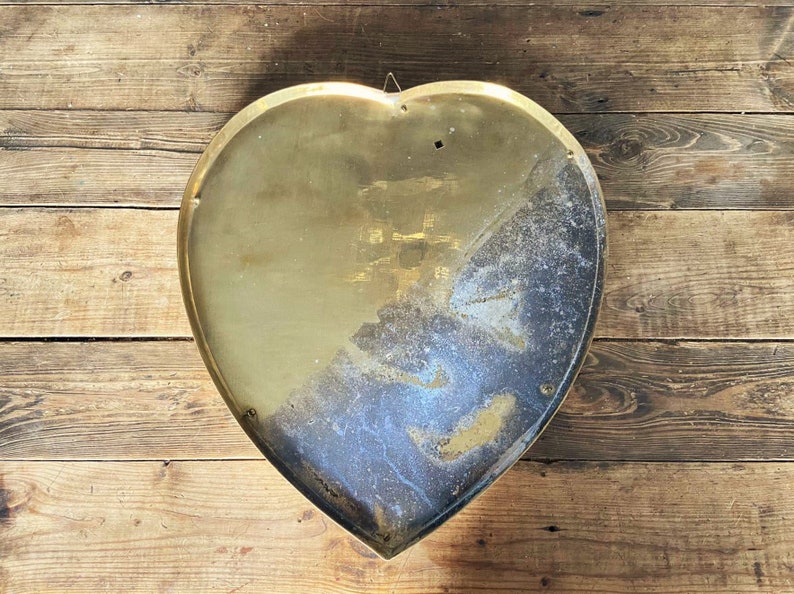 Very Large Vintage Rustic Brass Heart TrayBrass Heart TrayBamboo Framed Brass Heart TrayValentines D\u00e9cor