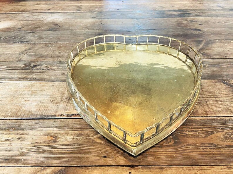Very Large Vintage Rustic Brass Heart TrayBrass Heart TrayBamboo Framed Brass Heart TrayValentines D\u00e9cor