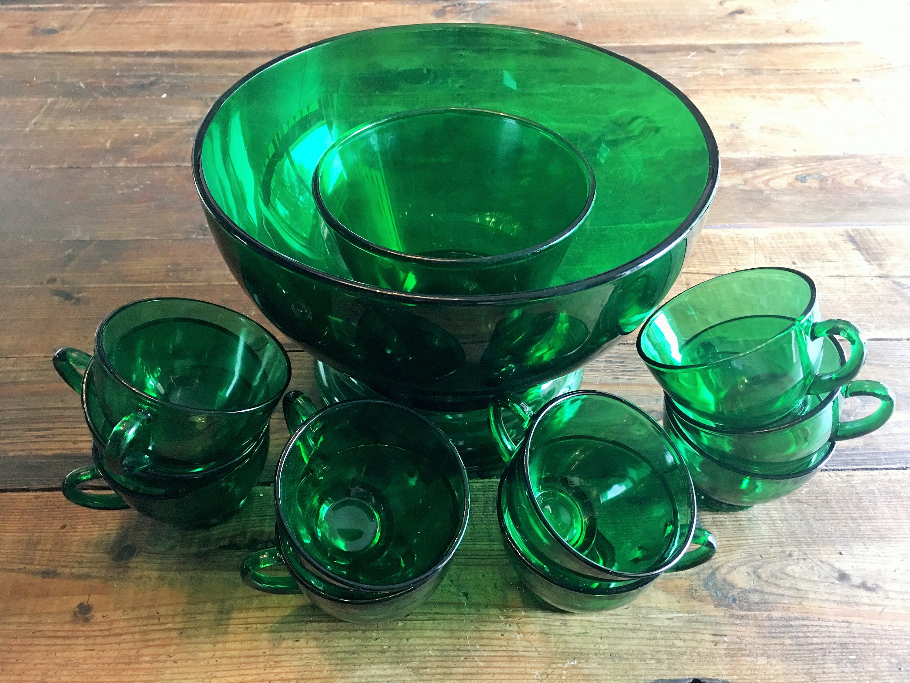 Vintage Anchor Emerald Green Glass Punch Bowl Set/Christmas Etsy