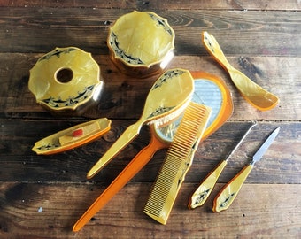 Antique Art Deco Marbled Celluloid Vanity Set- Mirror, Brush  display picture 3