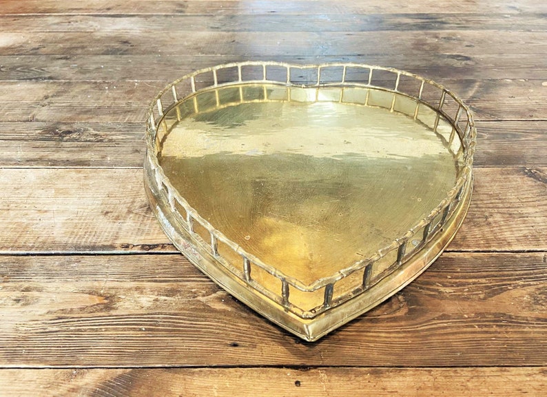 Very Large Vintage Rustic Brass Heart TrayBrass Heart TrayBamboo Framed Brass Heart TrayValentines D\u00e9cor