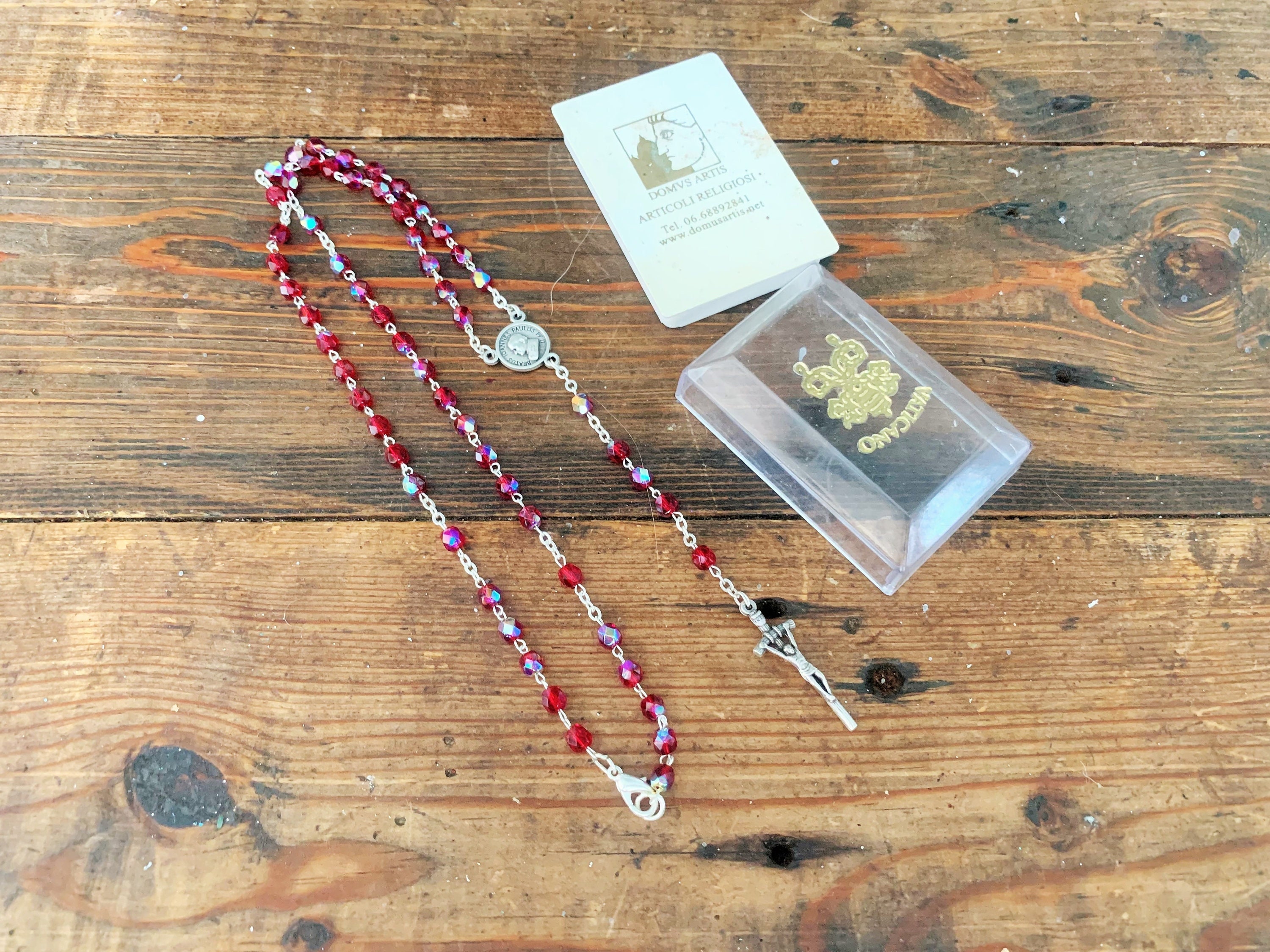 Vintage Silver Tone and Red Plastic Beaded Rosary with Silver Tone Metal Crucifix from the Vatican/Collectible Italy Catholic Vintage Rosary