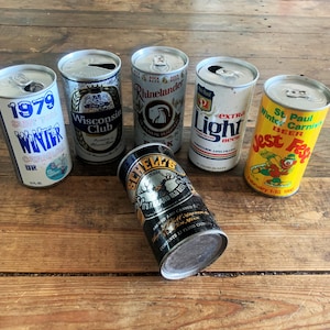 6 Vtg Beer Cans St. Paul Jest Fest Beer, Schell&#39;s, winter Carnival, Rhinelander, Peter Hand & Wisconsin Club Vintage Bar Man Cave Décor