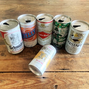 6 Vtg Beer Cans Billy, Schmidt&#39;s, Grain Belt, Falstaff, Little Oly&#39; Olympia Beer & Walter&#39;s St Patrick&#39;s Day 1983 Vintage Bar Man Cave Décor