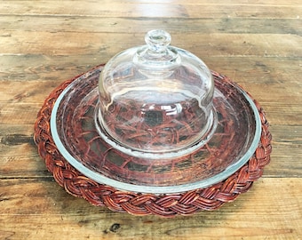 Vintage Glass and Wicker Cheese Ball Platter/Wicker and Glass Cheese Platter