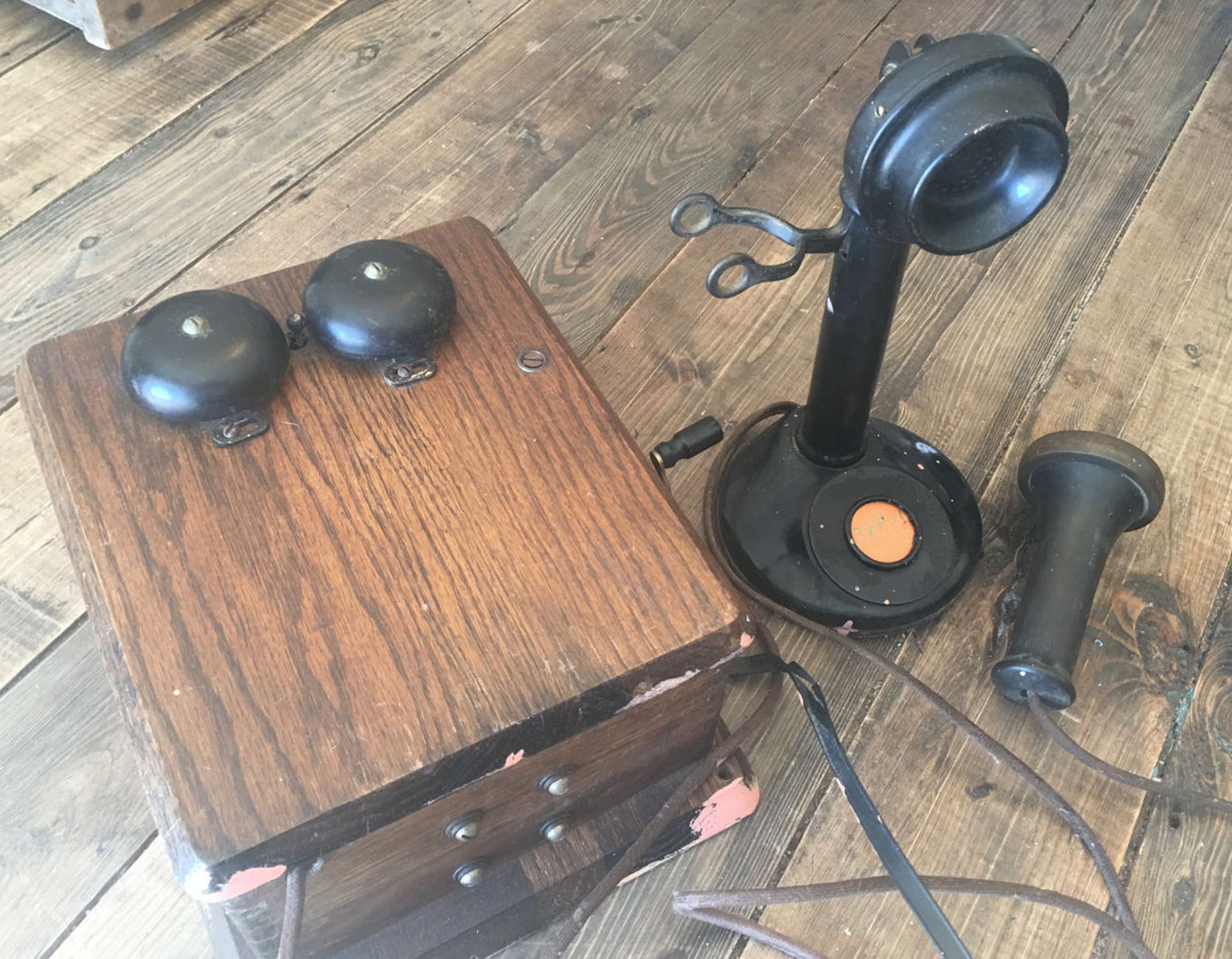 Antique Candlestick Phone with Original Wooden Ringer Box/Old Etsy