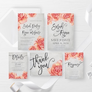 Pfirsich Hochzeit einladen druckbare, Floral Hochzeitseinladung, Koralle druckbare Hochzeitseinladung Set, Frühling und Sommer Garten Hochzeit lädt