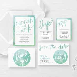 Invitación de la boda de la playa imprimible, conjunto de invitación de la boda verde menta simple, suite de invitación de la boda verde de la menta, guardar la tarjeta de la fecha