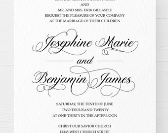 Ensemble simple d'invitation de mariage, invitations de mariage en noir et blanc, invitation traditionnelle de mariage, invitation de mariage élégante imprimable