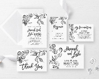 Black and White Printable Wedding Invitation, Wedding Invitation Set, Unique Wedding Invitations, Hand Drawn Feather Invitation