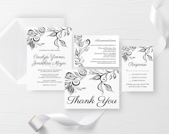 Classic Wedding Invitation Printable, Black and White Printable Wedding Invitation Suite, Custom Whimsical Wedding Invitation Set