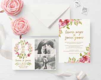 Floral Wedding Invitation, Printable Wedding Invitation, Boho Wedding Invite, Floral Save the Date, Boho Save the Date, Gold Wedding