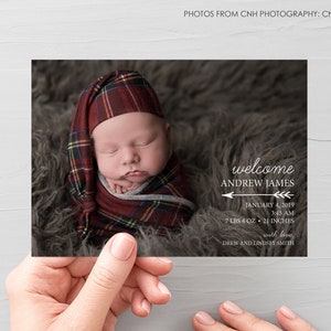 Carte d'annonce de naissance de bébé garçon, annonce de naissance de fille de chéri, annonce de nouveau-né de photo, nouvelle carte de remerciement de chéri