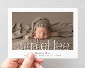 Photo Birth Announcement Card, Birth Card, Minimalist Newborn Baby Boy Announcement, Custom New Baby Thank You Card Printable