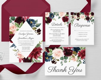 Marsala Wedding Invitation, Printable Wedding Invitation Burgundy, Wedding Invitation Suite, Burgundy Marsala Wedding Invitations