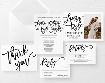 Printable Black and White Wedding Invitation Set, Wedding Save the Dates, Wedding Invite Suite, Rustic Save the Date Cards with Photo