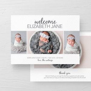 Modèle minimaliste de carte d’annonce de naissance, annonce de naissance de bébé, nouvelle carte de remerciement imprimable de nouveau bébé, annonce moderne de nouveau-né