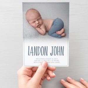 Carte d’annonce de naissance de bébé garçon, modèle d’annonce de naissance de photo, nouvelle carte personnalisée d’enfant imprimable, carte d’annonce de nouveau-né avec la photo