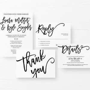 Invitations de mariage en noir et blanc, suite d’invitations de mariage, ensemble d’invitations de mariage imprimables simples