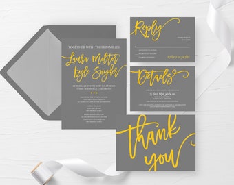 Printable Wedding Invite Suite, Rustic Wedding Invitation Kit, Simple Wedding Invitation Set, Yellow and Gray Wedding Invitation