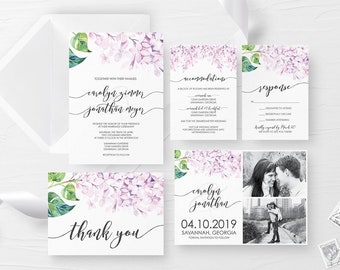 Floral Wedding Invitation, Printable Wedding Invitation with Lilacs, Summer Wedding Invitation Suite, Purple Wedding Invitation Set,