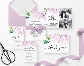 Printable Wedding Invitation, Floral Wedding Invitation, Lilac Wedding, Purple & Gray Wedding Invite, Save the Date, Garden Invite