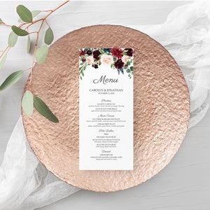 Wydrukowane karty menu weselnego, menu weselne, karta menu weselnego w kolorze burgundowego marsala, kwiatowe menu weselne, 4x9 cali