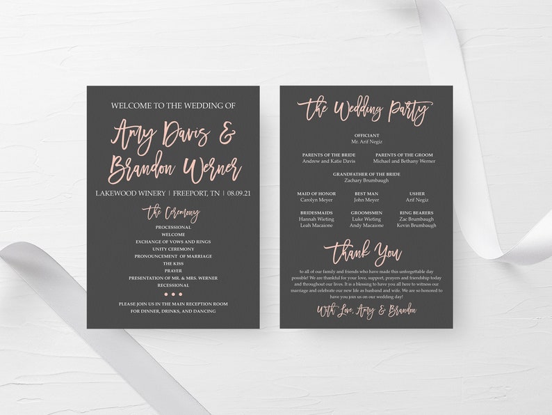 Blush and Gray Printable Wedding Program, Wedding Order of Service, Wedding Programs, Pink and Gray Wedding Ceremony Program image 1