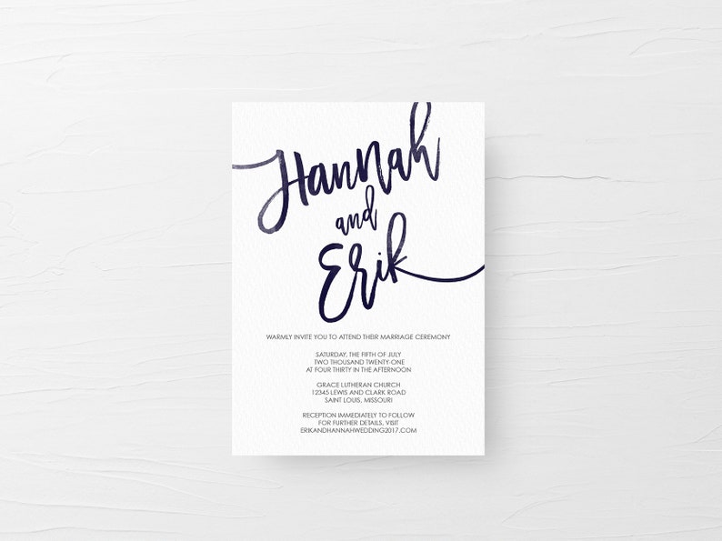 Printable Wedding Invitation Set, Simple Wedding Invitation, Navy Blue Watercolor Wedding Invitation image 5