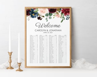 Wedding Seating Chart Alphabetical, Seating Chart Sign, Rustic Floral Table Seating Chart for Wedding,