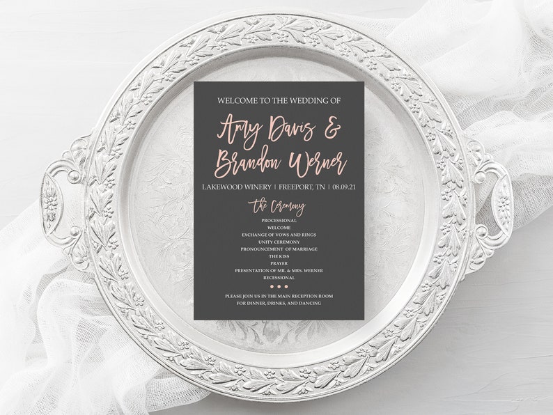 Blush and Gray Printable Wedding Program, Wedding Order of Service, Wedding Programs, Pink and Gray Wedding Ceremony Program image 2