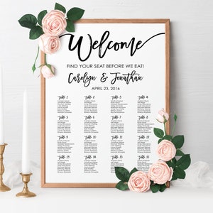 Cartel de la tabla de asientos en blanco y negro, gráfico de asientos de boda rústico, póster de la carta de asientos personalizado simple, gráfico de asientos imprimible imprimible